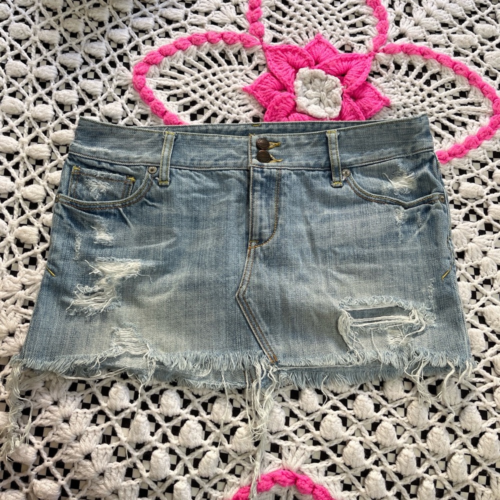 Distressed Light Blue Denim Micro Mini Skirt - Casual Women's Skirt